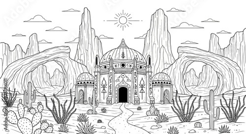 Desert landscape with old mission-style building, surrounded by saguaro cacti and majestic rock formations. Detailed outline illustration for a coloring book.