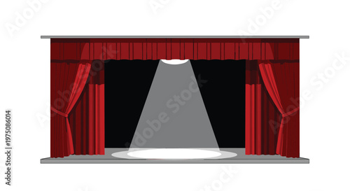 A dramatic theater stage features heavy crimson curtains and a powerful white spotlight casting a bright circular glow on the empty gray performance floor.