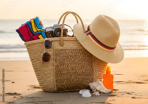 Summer beach vacation essentials arranged on sandy shore with ocean