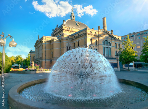 View with fountain of National Theater in Oslo city. Norway