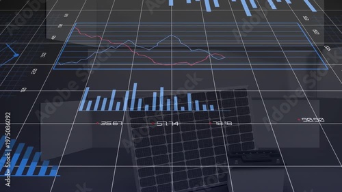 3D grid loading, holographic dashboard animating pies, bars, lines and donut, visualizing analytics