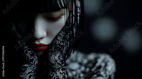 Moody closeup portrait with lace and red lipstick