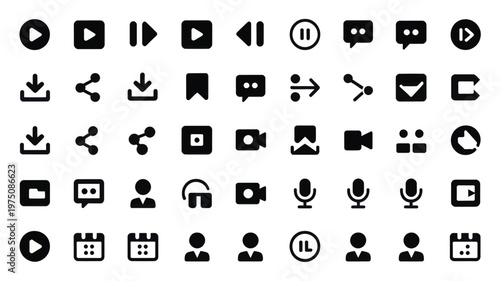 Set of 40 Black Flat User Interface Vector Icons