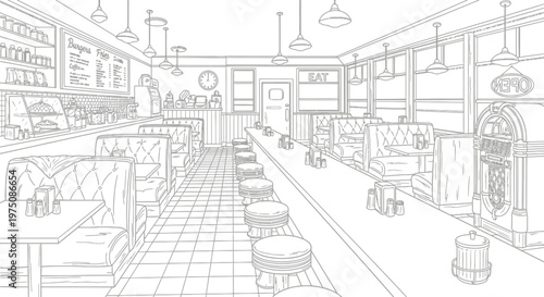 Vintage American Diner Interior Line Art Illustration. Retro Restaurant Coloring Book Style Design with Booths, Counter, and Stools