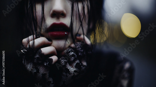 Closeup portrait with wet hair and dark red lips