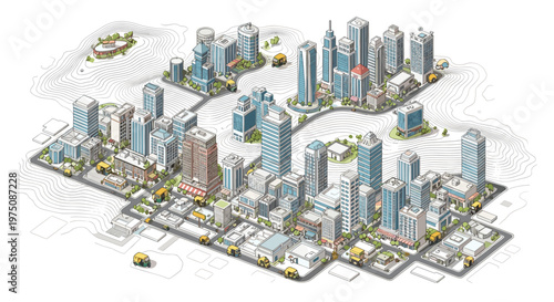 A sprawling isometric metropolitan city map displays detailed skyscrapers and urban infrastructure with tiny yellow cars navigating through a complex network of streets.