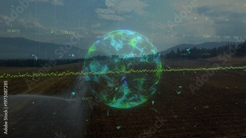 Camera moving, holo sphere overlaying field, rotating, shedding shards, waveform pulsing for farms