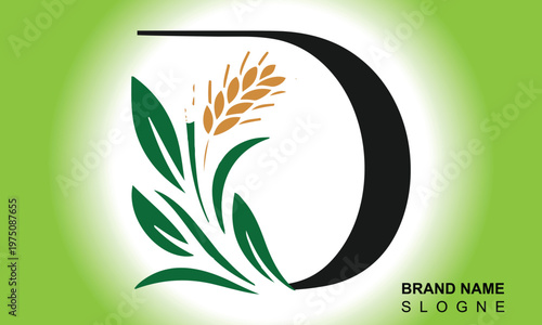 Letter D Line style logotype with wheat, rice organic grain products and healthy food vector illustration