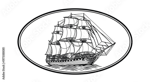 A tall ship sails across the ocean waves inside a decorative oval frame to represent the historical maritime travel and colonial exploration era.