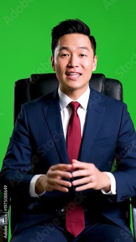 A professional businessman in a suit speaks while sitting in front of a green screen background