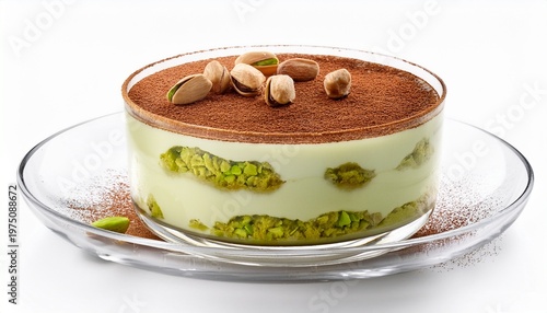 Pistachio Kunafa Flavor Tiramisu In Glass Isolated On White Background