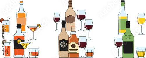 Alcoholic Beverage Set with Bottles, Glasses, and Cocktails for Bar, Drink, and Cocktail Party Projects