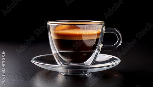 Close Up Of Espresso In A Clear Glass Cup With A Rich Crema Against A Black Background