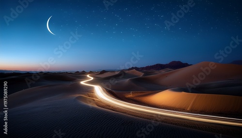 A Serene Desert Landscape At Night With A Crescent Moon Shining Over Sand Dunes And A Glowing Winding Road