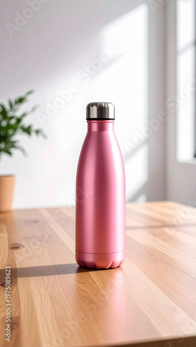 Plantilla de una botella de agua de aluminio en color rosa.