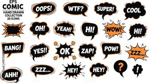 Collection of hand drawn comic speech bubbles with different words and emotions.