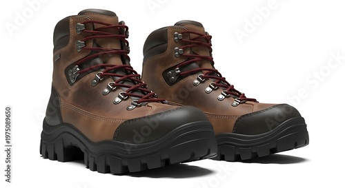 Durable brown hiking boots with rugged sole and reinforced toe cap, outdoor trekking footwear designed for adventure, comfort, and stability isolated on white background