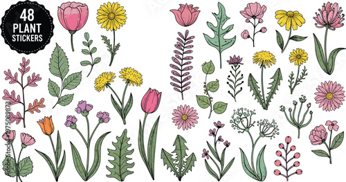 Collection of diverse botanical stickers with colorful flowers and leaves.