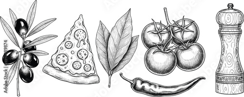 Pencil sketch collection of Italian food ingredients and kitchen tools.