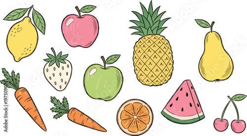 Colorful hand drawn fruits and berries collection vector illustration.