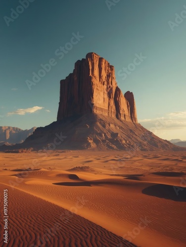 A scenic sunset view of the red sandstone rock formations and desert mountains in Monument Valley, Arizona, creates a stunning travel landscape under the orange sky of the American Southwest