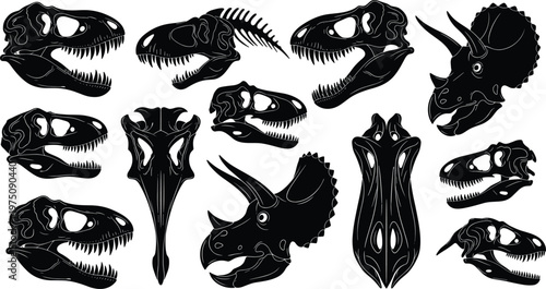 Collection of black and white dinosaur skulls silhouettes on transparent background.