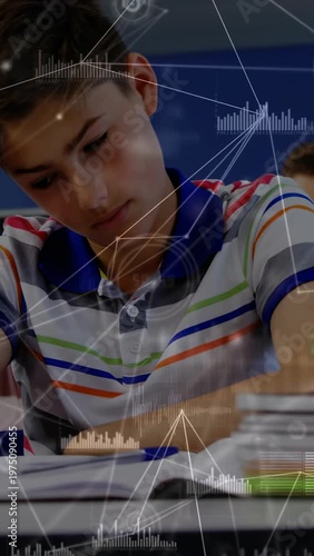 Vertical video: Student reading then writing while HUD showing notes and school cam revealing stack