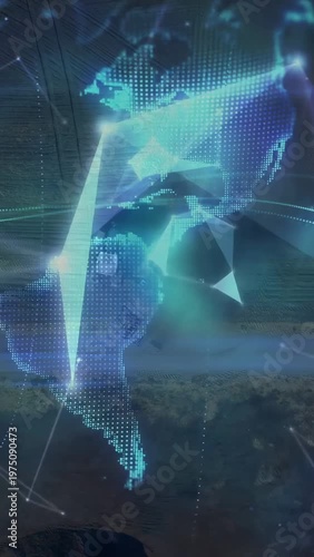 Vertical video: Rider standing by bike dirt road, frames showing tech mesh forming globe over bike