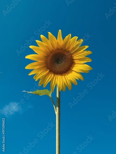 A vibrant yellow sunflower in full bloom radiates beauty against a bright blue summer sky, showcasing the natural color of this agricultural plant in a close-up field setting