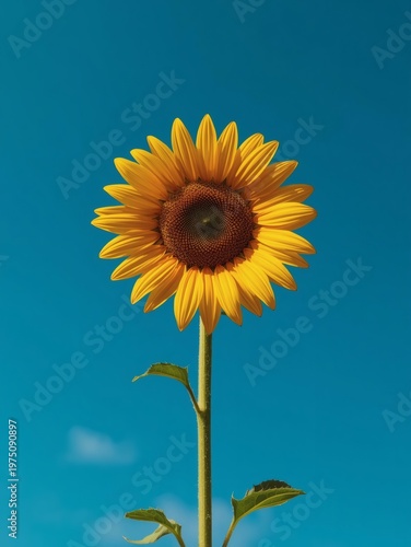 A vibrant yellow sunflower in full bloom radiates beauty against a bright blue summer sky, showcasing the natural color of this agricultural plant in a close-up field setting