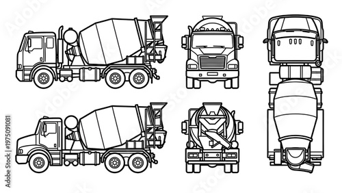 Concrete Mixer Truck Vector Set Precise Technical CAD Drawing Side Top Front and Rear Views for Construction Engineering and Site Planning Blueprints