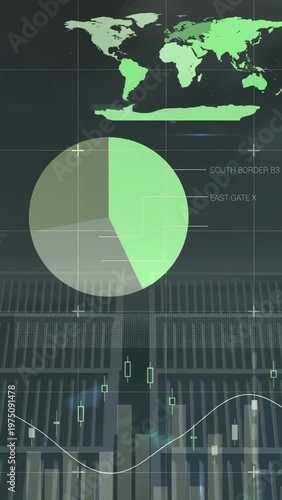 Vertical video: OPEN or CLOSE toggling, HUD animating percents, pies, bars, map for tech monitoring