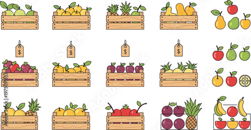 Fruit crates and wooden boxes icon set with apples pears pineapple citrus market produce flat vector illustration collection