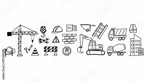 Construction site with crane, excavator, and truck icons for industry and infrastructure development projects