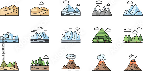 Mountain and landscape icon set featuring desert peaks forests volcano eruption nature scenery flat vector illustration collection