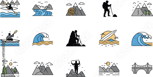 Adventure and outdoor activity icon set featuring hiking kayaking mountains waves exploration travel flat vector illustration collection