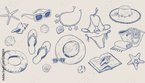 A summer vacation scene with various beach items and accessories laid out
