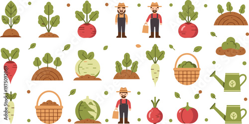 Farming and agriculture icon set with farmers vegetables harvest basket plants organic gardening flat vector illustration collection