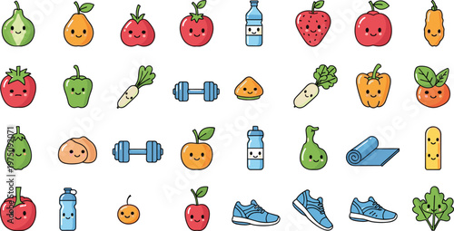 Healthy lifestyle icon set with cute fruits vegetables water bottle fitness equipment cartoon flat vector illustration collection