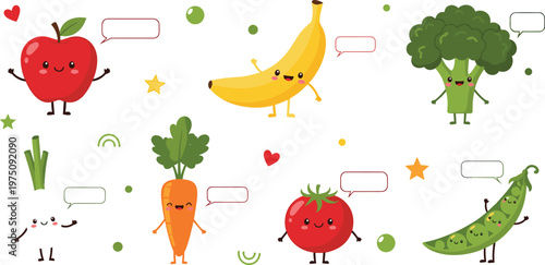Cute fruit and vegetable characters with speech bubbles kawaii food illustration healthy cartoon flat vector collection
