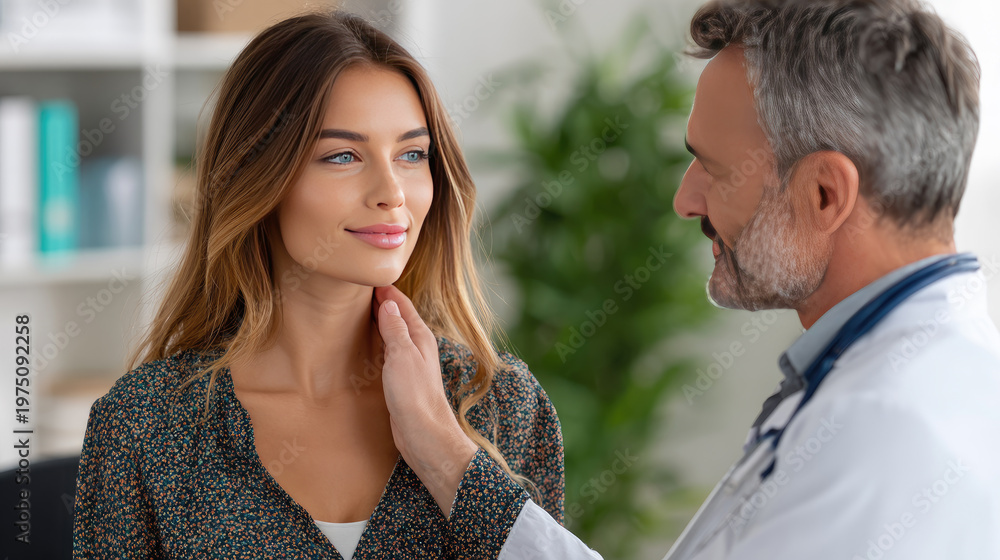 Naklejka premium Doctor examining young woman's neck for swollen lymph nodes, checking tonsillitis, thyroid gland issues, sore throat, or respiratory infection symptoms in clinic office
