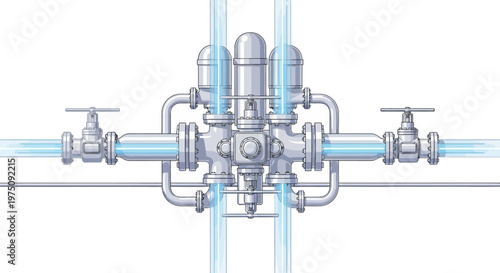 Industrial piping system with valves and tubes.
