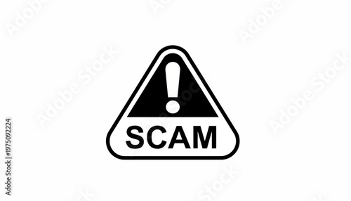 A warning sign displays a scam alert with an exclamation mark.