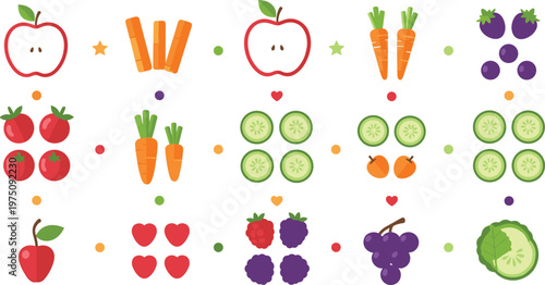 Cute fruit and vegetable seamless pattern with apples carrots cucumbers berries healthy food flat vector illustration