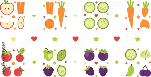 Cute fruit and vegetable pattern with slices carrots cucumbers berries healthy food flat vector illustration collection