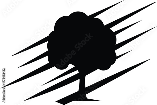 Black tree silhouette with diagonal lines radiating from the center