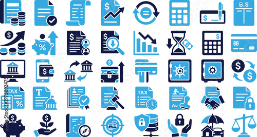 Business and finance icons set with charts, graphs, money, and documents, blue color.