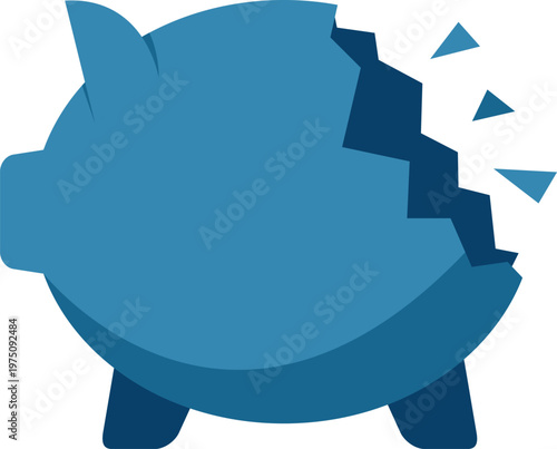 Blue broken piggy bank representing financial loss, debt, and economic hardship concept