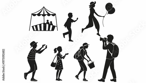 People enjoying a lively outdoor festival with a tent and balloons