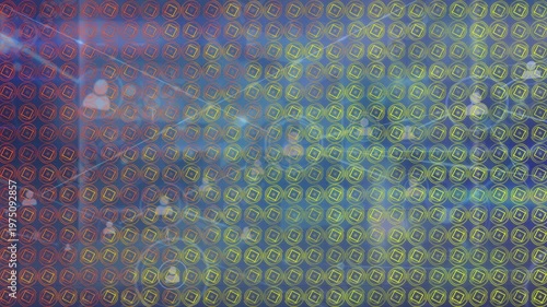 Animation of network of profile icons over abstract pattern design against blue background
